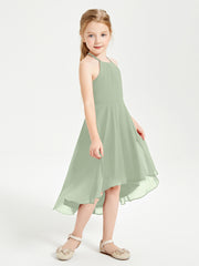 Tea Length Junior Bridesmaid Dresses with Asymmetrical Skirts Dusty Sage