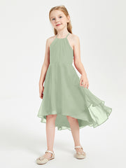 Tea Length Junior Bridesmaid Dresses with Asymmetrical Skirts Dusty Sage