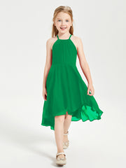 Tea Length Junior Bridesmaid Dresses with Asymmetrical Skirts Emerald