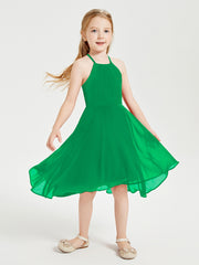 Tea Length Junior Bridesmaid Dresses with Asymmetrical Skirts Emerald