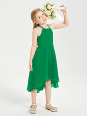Tea Length Junior Bridesmaid Dresses with Asymmetrical Skirts Emerald