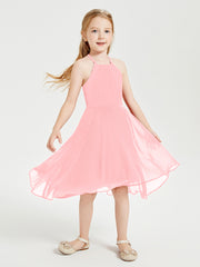 Tea Length Junior Bridesmaid Dresses with Asymmetrical Skirts Flamingo