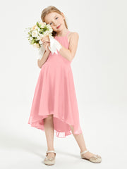 Tea Length Junior Bridesmaid Dresses with Asymmetrical Skirts Flamingo