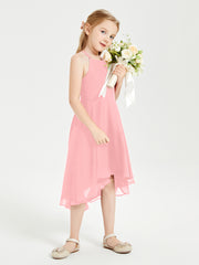 Tea Length Junior Bridesmaid Dresses with Asymmetrical Skirts Flamingo