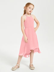 Tea Length Junior Bridesmaid Dresses with Asymmetrical Skirts Flamingo
