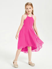 Tea Length Junior Bridesmaid Dresses with Asymmetrical Skirts Fuchsia