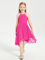 Tea Length Junior Bridesmaid Dresses with Asymmetrical Skirts Fuchsia