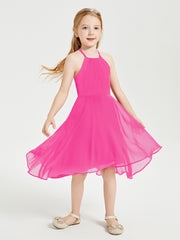 Tea Length Junior Bridesmaid Dresses with Asymmetrical Skirts Fuchsia