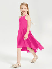 Tea Length Junior Bridesmaid Dresses with Asymmetrical Skirts Fuchsia