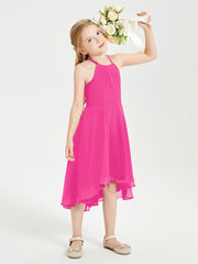 Tea Length Junior Bridesmaid Dresses with Asymmetrical Skirts Fuchsia