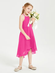 Tea Length Junior Bridesmaid Dresses with Asymmetrical Skirts Fuchsia