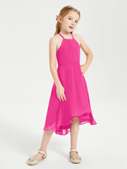 Tea Length Junior Bridesmaid Dresses with Asymmetrical Skirts Fuchsia