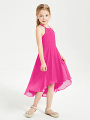 Tea Length Junior Bridesmaid Dresses with Asymmetrical Skirts Fuchsia