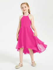 Tea Length Junior Bridesmaid Dresses with Asymmetrical Skirts Fuchsia