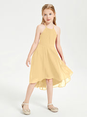 Tea Length Junior Bridesmaid Dresses with Asymmetrical Skirts Gold