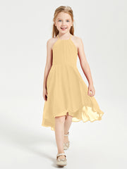 Tea Length Junior Bridesmaid Dresses with Asymmetrical Skirts Gold