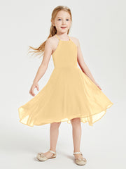 Tea Length Junior Bridesmaid Dresses with Asymmetrical Skirts Gold