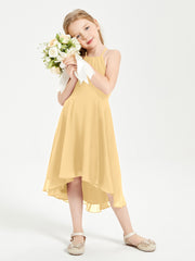 Tea Length Junior Bridesmaid Dresses with Asymmetrical Skirts Gold