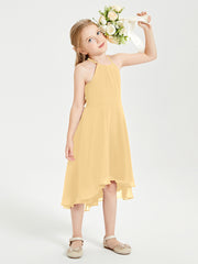 Tea Length Junior Bridesmaid Dresses with Asymmetrical Skirts Gold