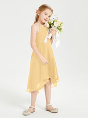 Tea Length Junior Bridesmaid Dresses with Asymmetrical Skirts Gold