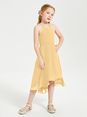 Tea Length Junior Bridesmaid Dresses with Asymmetrical Skirts Gold