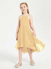 Tea Length Junior Bridesmaid Dresses with Asymmetrical Skirts Gold