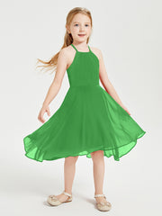Tea Length Junior Bridesmaid Dresses with Asymmetrical Skirts Green
