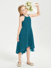 Tea Length Junior Bridesmaid Dresses with Asymmetrical Skirts Ink Blue