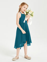 Tea Length Junior Bridesmaid Dresses with Asymmetrical Skirts Ink Blue