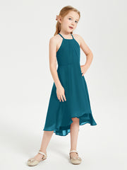 Tea Length Junior Bridesmaid Dresses with Asymmetrical Skirts Ink Blue