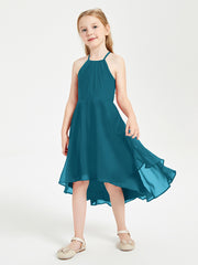 Tea Length Junior Bridesmaid Dresses with Asymmetrical Skirts Ink Blue