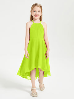 Tea Length Junior Bridesmaid Dresses with Asymmetrical Skirts Lime Green