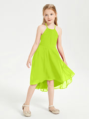 Tea Length Junior Bridesmaid Dresses with Asymmetrical Skirts Lime Green