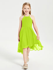 Tea Length Junior Bridesmaid Dresses with Asymmetrical Skirts Lime Green