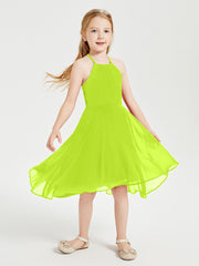 Tea Length Junior Bridesmaid Dresses with Asymmetrical Skirts Lime Green