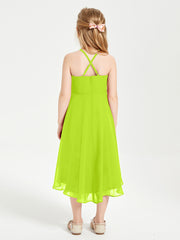 Tea Length Junior Bridesmaid Dresses with Asymmetrical Skirts Lime Green