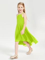 Tea Length Junior Bridesmaid Dresses with Asymmetrical Skirts Lime Green