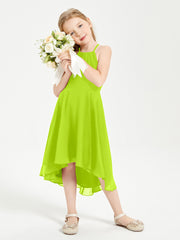 Tea Length Junior Bridesmaid Dresses with Asymmetrical Skirts Lime Green