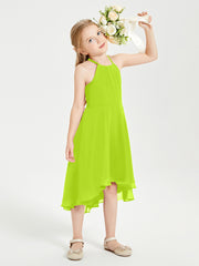 Tea Length Junior Bridesmaid Dresses with Asymmetrical Skirts Lime Green