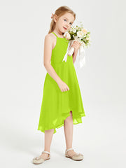 Tea Length Junior Bridesmaid Dresses with Asymmetrical Skirts Lime Green