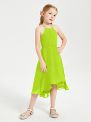 Tea Length Junior Bridesmaid Dresses with Asymmetrical Skirts Lime Green
