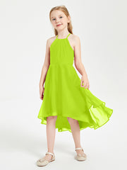 Tea Length Junior Bridesmaid Dresses with Asymmetrical Skirts Lime Green