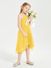 Tea Length Junior Bridesmaid Dresses with Asymmetrical Skirts Marigold