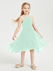 Tea Length Junior Bridesmaid Dresses with Asymmetrical Skirts Mint Green