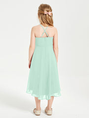 Tea Length Junior Bridesmaid Dresses with Asymmetrical Skirts Mint Green