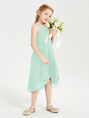 Tea Length Junior Bridesmaid Dresses with Asymmetrical Skirts Mint Green