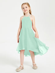 Tea Length Junior Bridesmaid Dresses with Asymmetrical Skirts Mint Green
