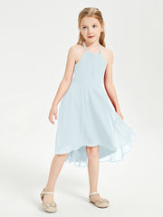 Tea Length Junior Bridesmaid Dresses with Asymmetrical Skirts Mist