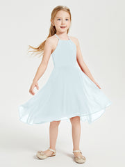 Tea Length Junior Bridesmaid Dresses with Asymmetrical Skirts Mist