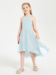 Tea Length Junior Bridesmaid Dresses with Asymmetrical Skirts Mist